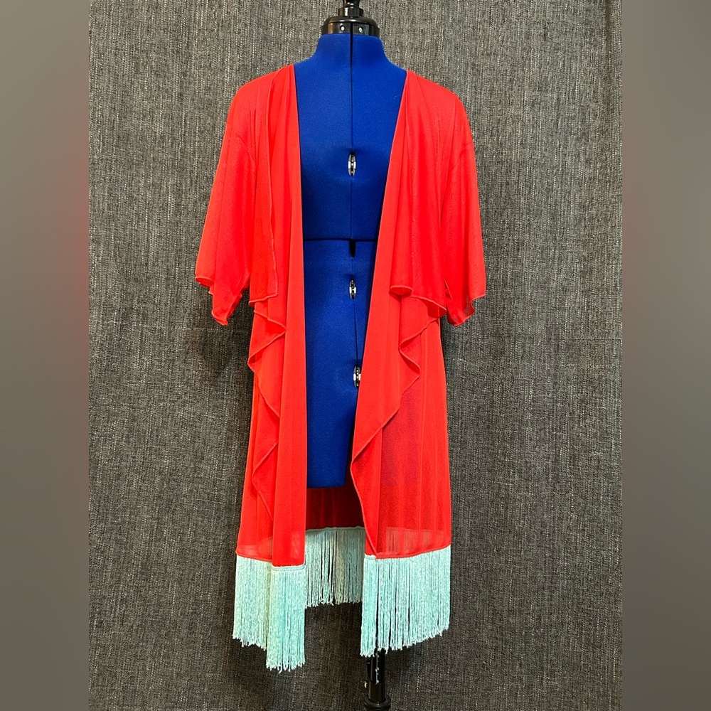 LuLaRoe Red Coverup with Aqua Fringe, Size S